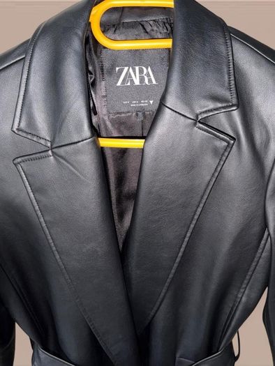 Zara Size S black faux leather Long trench coat with belt