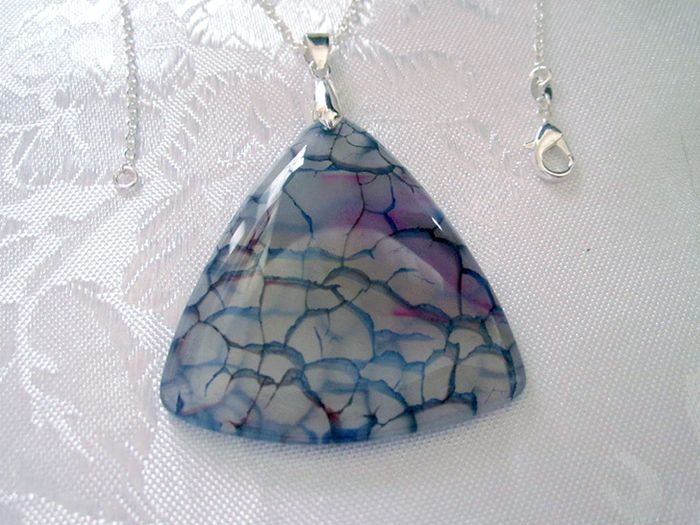 Gemstone Drop Triangle Blue Pink Faux Agate Pendant with silver plated necklace 018043