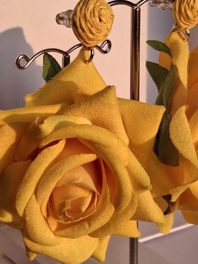 Realistic Yellow Extravagant Rose with Raffia Woven Stud Earrings