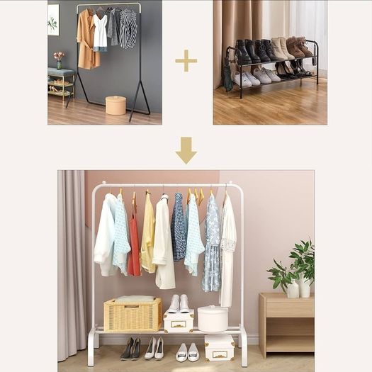 NEW SALE | Metal Clothes Rail 110 CM Clothing Rack Rail Coat Rail with Bottom Rack for Clothes, Coats, Skirts, Shirts, Sweaters, White