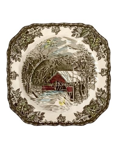 Set of 3 Vintage The Friendly Village The Covered Bridge by Johnson Bros Square Bone China Plates