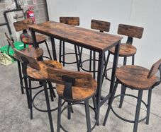 Industrial Style Bar Table & 8 Stools Set Rustic Wood Finish