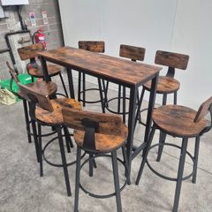 Industrial Style Bar Table & 8 Stools Set Rustic Wood Finish