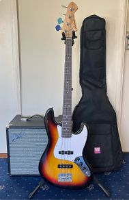 Aria Pro II Jazz Bass and Fender Rumble 25 Amp Gig Bag and Stand Included