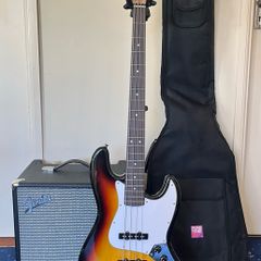 Aria Pro II Jazz Bass and Fender Rumble 25 Amp Gig Bag and Stand Included