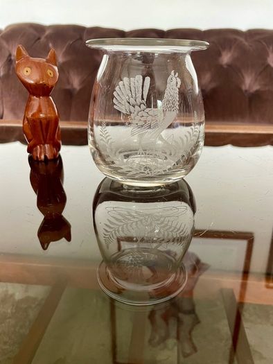 Vintage Signed Bruce Walker Kirkbuddo Glass Studio Etched Art Glass Bud Vase Capercaillie 1976