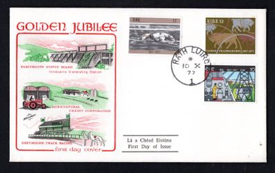 1977 Ireland Golden Jubilees: Electricity Supply Board (ESB); Agricultural Corporation, Greyhound Track Racing in Ireland Commemorative Stamp Illustrated Hibernian First Day Cover (FDC) with Rath Luirc (Charleville) steele cancel