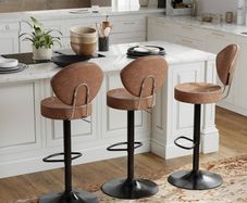 Bar Stools Set of 3 Faux Leather Breakfast Bar Stools  Brown Ergonomic Bar Stools, Height Adjustable, 360 Swivel, with Backrest, Faux Leather, 8 cm thick seat, Effortlessly Clean