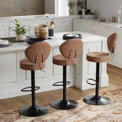 Bar Stools Set of 3 Faux Leather Breakfast Bar Stools  Brown Ergonomic Bar Stools, Height Adjustable, 360 Swivel, with Backrest, Faux Leather, 8 cm thick seat, Effortlessly Clean