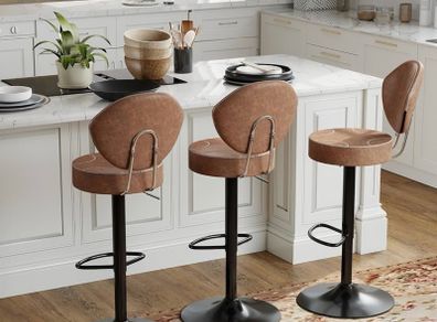 Bar Stools Set of 3 Faux Leather Breakfast Bar Stools  Brown Ergonomic Bar Stools, Height Adjustable, 360 Swivel, with Backrest, Faux Leather, 8 cm thick seat, Effortlessly Clean
