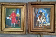 Pair of Vintage Hand-Painted Oil Paintings in Ornate Gilt Frames - 15" x 13"