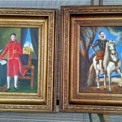 Pair of Vintage Hand-Painted Oil Paintings in Ornate Gilt Frames - 15" x 13"