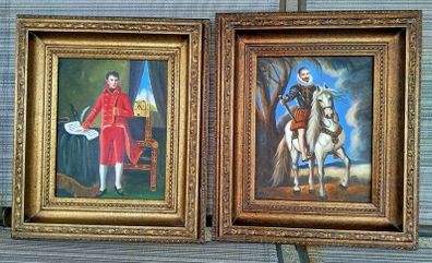 Pair of Vintage Hand-Painted Oil Paintings in Ornate Gilt Frames - 15" x 13"