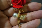 Modern Red Rose and Pearl Brooch