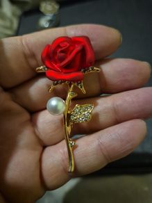 Modern Red Rose and Pearl Brooch