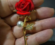 Modern Red Rose and Pearl Brooch