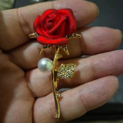 Modern Red Rose and Pearl Brooch