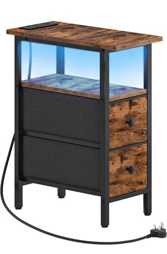 Slim Bedside Table with Charging Station, Narrow Side Table with LED Lights and 2 Fabric Drawers, Nightstand for Small Space, Bedroom, Living Room, Rustic Brown and Black