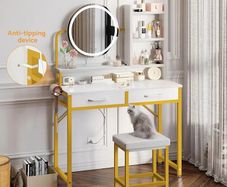 Dressing Table Set, with height-adjustable mirror for 120-180 cm, LED Lights with Adjustable Brightness, Vanity Table with stool, 2 fabric Drawers and 4 Open Compartments, 80x40x136cm, White+Gold