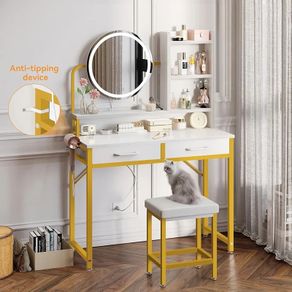 Dressing Table Set, with height-adjustable mirror for 120-180 cm, LED Lights with Adjustable Brightness, Vanity Table with stool, 2 fabric Drawers and 4 Open Compartments, 80x40x136cm, White+Gold
