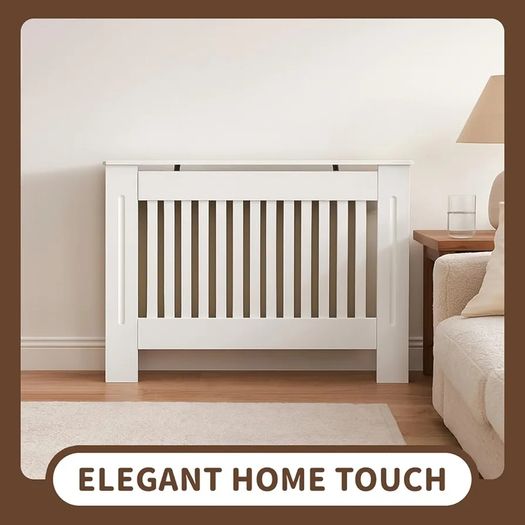 Arlington Radiator Cover White - Medium - Modern Shaker Style Vertical Slat Design For Optimal Heat Circulation - H83.3xW111xD19cm - Painted MDF Cabinet with Wood Top Shelf