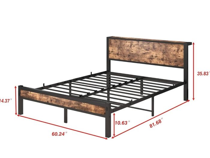 King Size Bed Frame with Storage Wooden Headboard, Metal Bed Frame