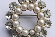Vintage Faux Pearl &amp; Rhinestone Round Brooch