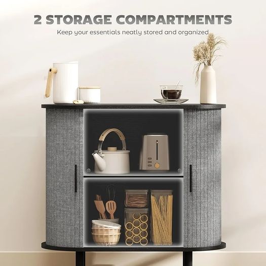 Fluted Sideboard with Tambour Sliding Doors, Modern Storage Cabinet, Kitchen Cupboard with Storage Shelves and Wooden Legs for Living Room, Dining Room, Grey