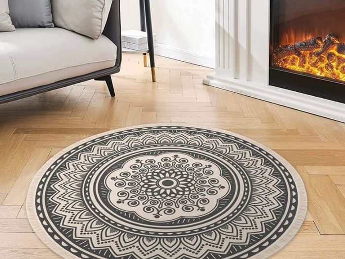 4ft Circle Rug Round Area Rug Cotton Woven Rug with Tassels Washable Mandala Black White Printed for Bedroom Livingroom Kitchen (FREE POSTAGE)