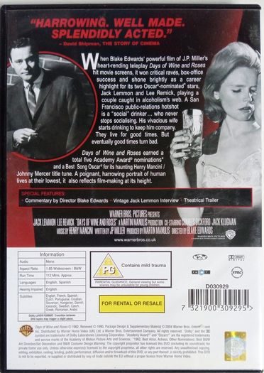 Days Of Wine And Roses [1962] Jack Lemon & Lee Remick, Charles Bickford & Jack Klugman [1xDVD Movie]