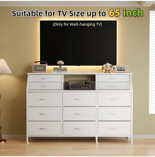 Dresser for Bedroom with 13 Drawers, 55 Wide Chest of Drawers, Fabric Dresser with 2 Wooden Shelves