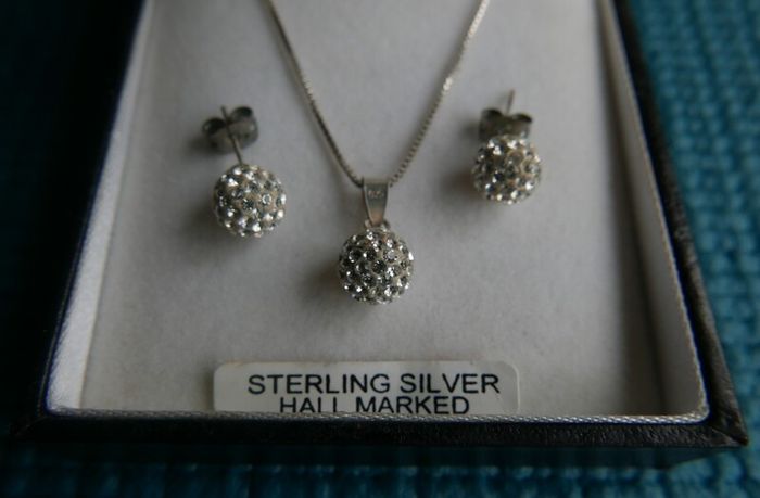 925 Sterling Silver Shamballa Style Crystal Disco Ball Earrings Pendant + Necklace Set