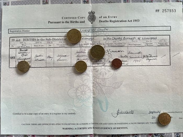 Birth Certificate - John Lennon of The Beatles - FREE POSTAGE