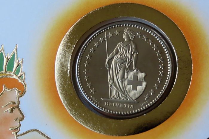 Swiss 1986 coin stamp cover 2 Francs BUNC