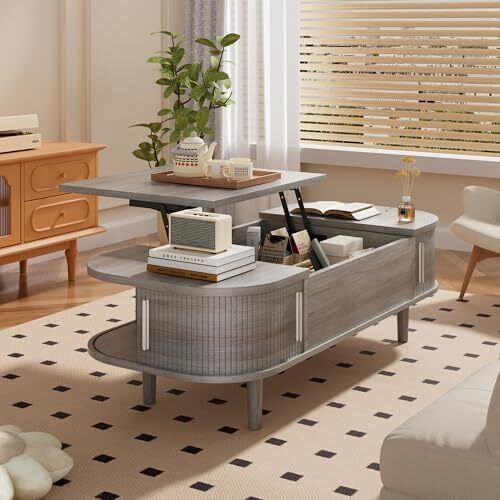 Coffee Table with Lift Top - Wooden Modern Centre Table with Unique Textured & Hidden Storage, for Living Room, Bedroom, Small Space, Home Office