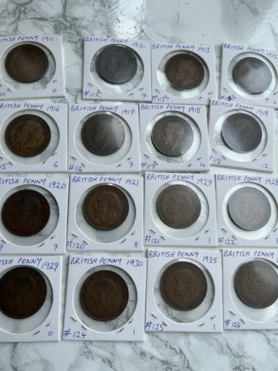 British Pennies - George V. 3 for a euro. 5 euro minimum.