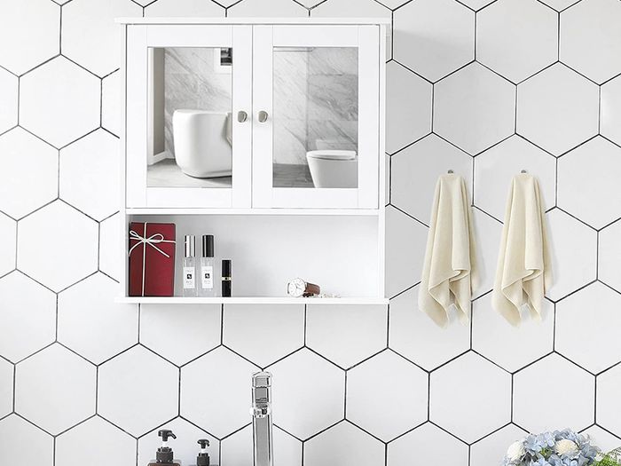 _Bathroom Cabinet, Wall Cupboard, Mirror with Shelf, Wooden Makeup Cabinet, 56 x 58 x 13 cm (W x H x D) White
