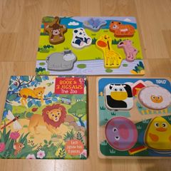 Bundle of 3 Toddler Puzzles - Tidlo Sensory, Usborne Jigsaw Set & Wooden Zoo Board