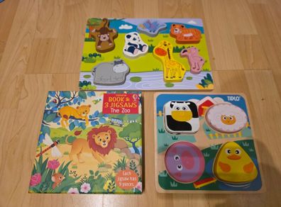Bundle of 3 Toddler Puzzles - Tidlo Sensory, Usborne Jigsaw Set & Wooden Zoo Board