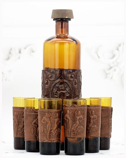 Vintage Amber Glass Decanter Glasses Set
