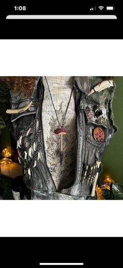 Amanita Muscaria Mushroom And Rabbit Bone Pendant Necklace with a Wooly Bottom Leather Cord
