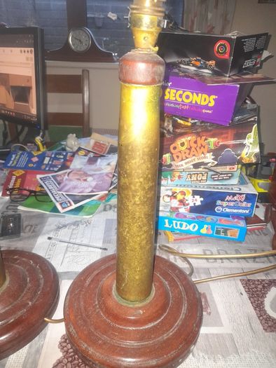 Two Old Military Brass Shell Lamps on Mahogany Bases