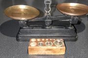 Antique cast iron and brass 5kg scales with 3 weights