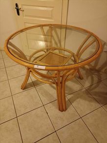 Round Rattan Dining Table Glass Top Boho Vintage