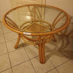 Round Rattan Dining Table Glass Top Boho Vintage
