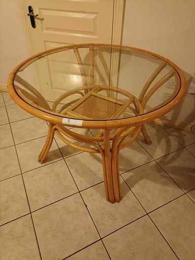 Round Rattan Dining Table Glass Top Boho Vintage