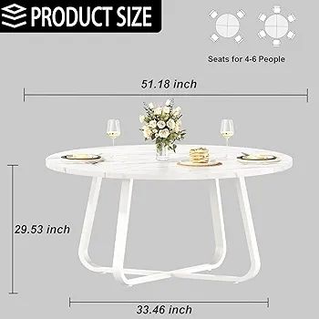 White Faux Marble Round Dining Circle Dining Desk Kitchen Shelf 4-6 People, Mid-Century Pedestal Dinner Table End Coffee Desk Office Living Room Table, White Marble, 51 Inch