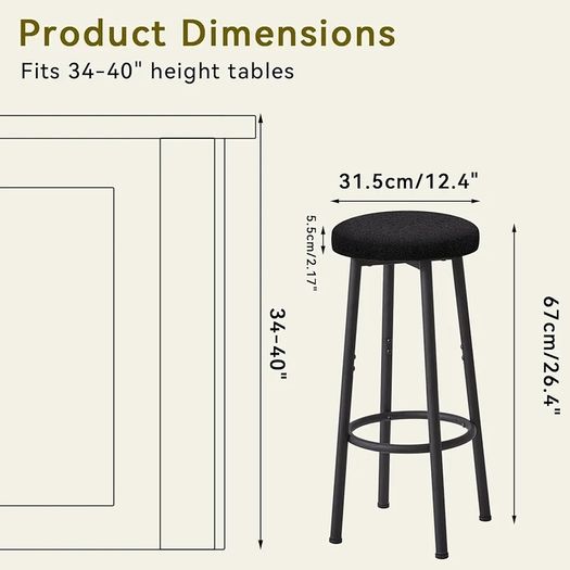 67 cm Bar Stools Set of 2, Black Breakfast Barstools, Kitchen Bar Stool Chairs with Metal Leg for Kitchen Island Counter Breakfast Bars Living Room Party