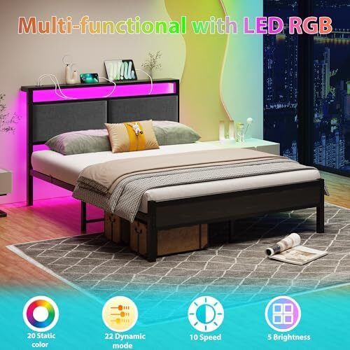 Metal Bed Frame Double Platform Upholstered Bed Frame with Storage Headboard, Heavy Duty Metal Bed