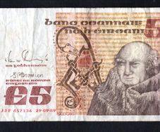 1989 Ireland IR5 Johannes Scotus Erigena Banknote Series B. Note issued 29/09/23. Serial number JJF65736